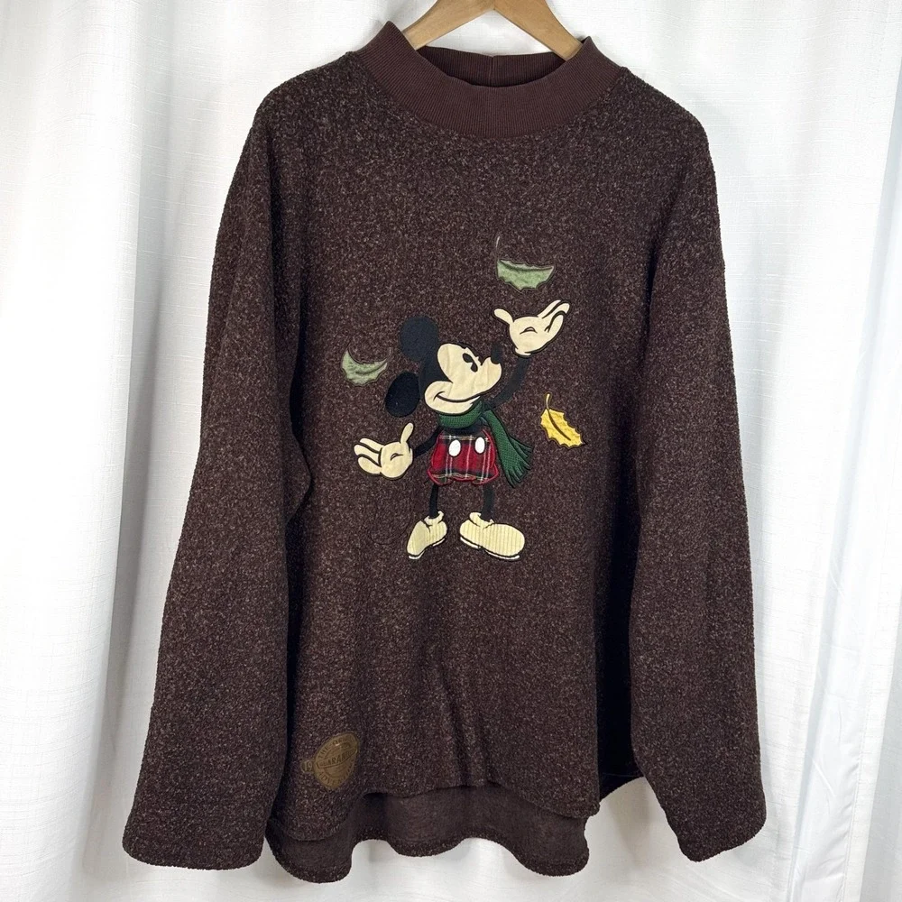 Vintage Disney Store Mickey Mouse Sweater Mens L Brown Fleece Fall Plaid 90s